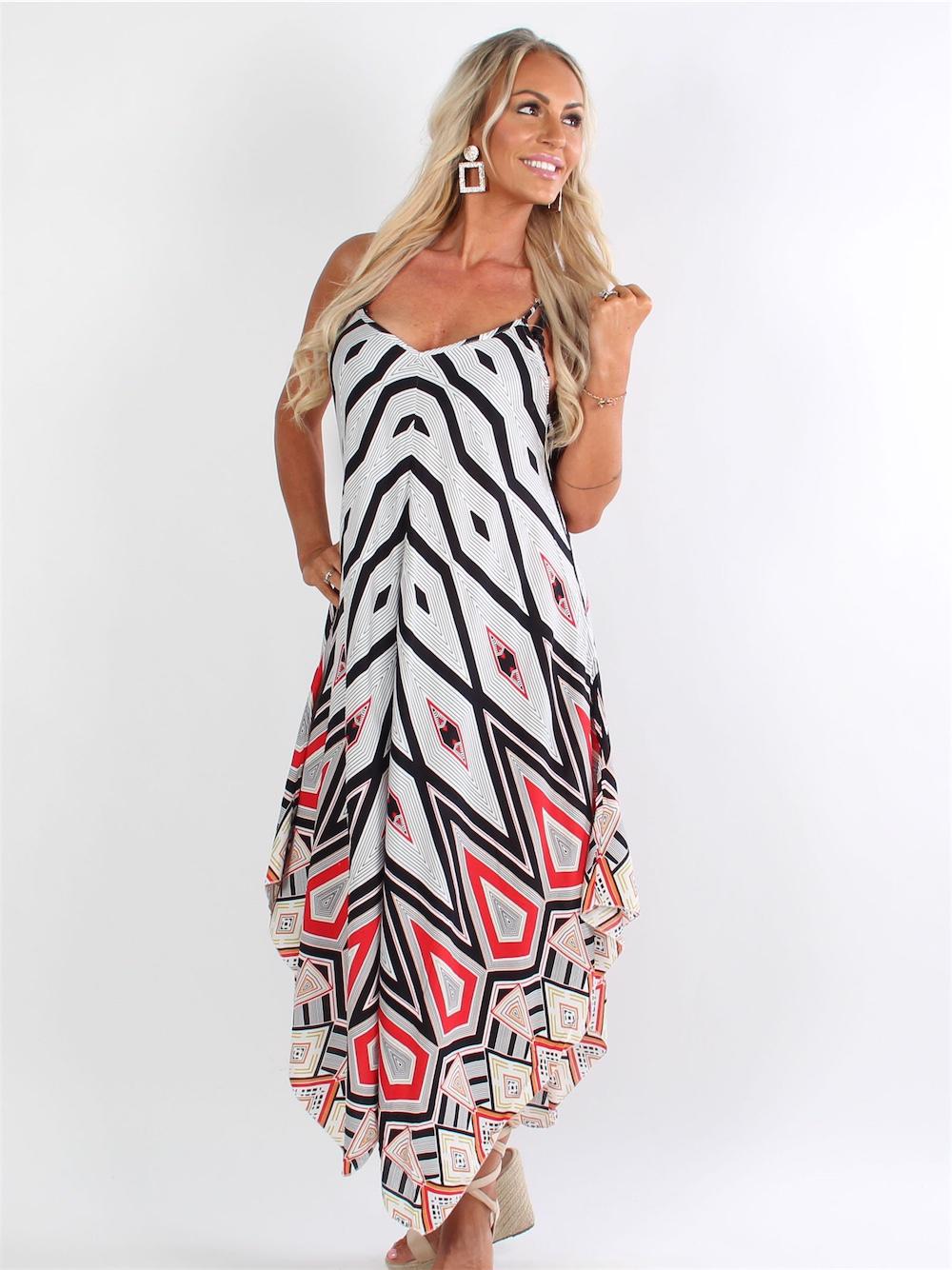 Jaione - Vit och svart mönstrad axelbandslös klänning med röda detaljer